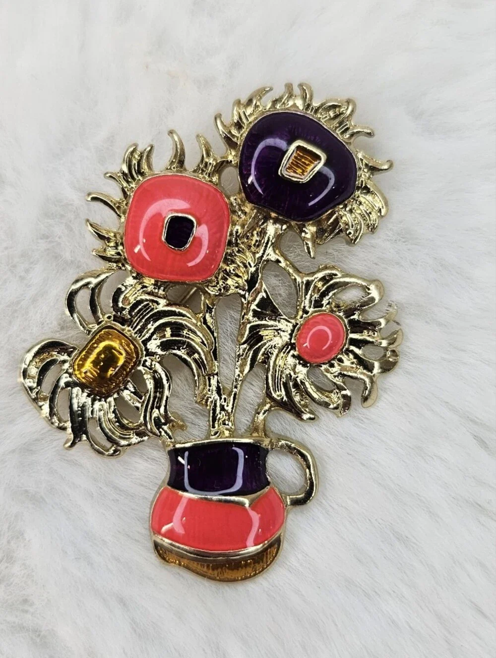 Gold-tone Floral Bouquet Pin with Coral and Purple Enamel